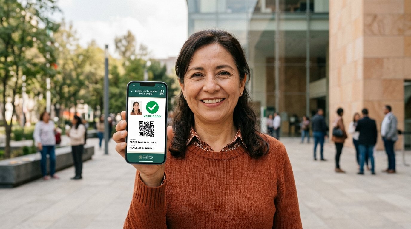 Ciudadana mexicana mostrando en su teléfono el tarjetón digital verificado del IMSS con código QR